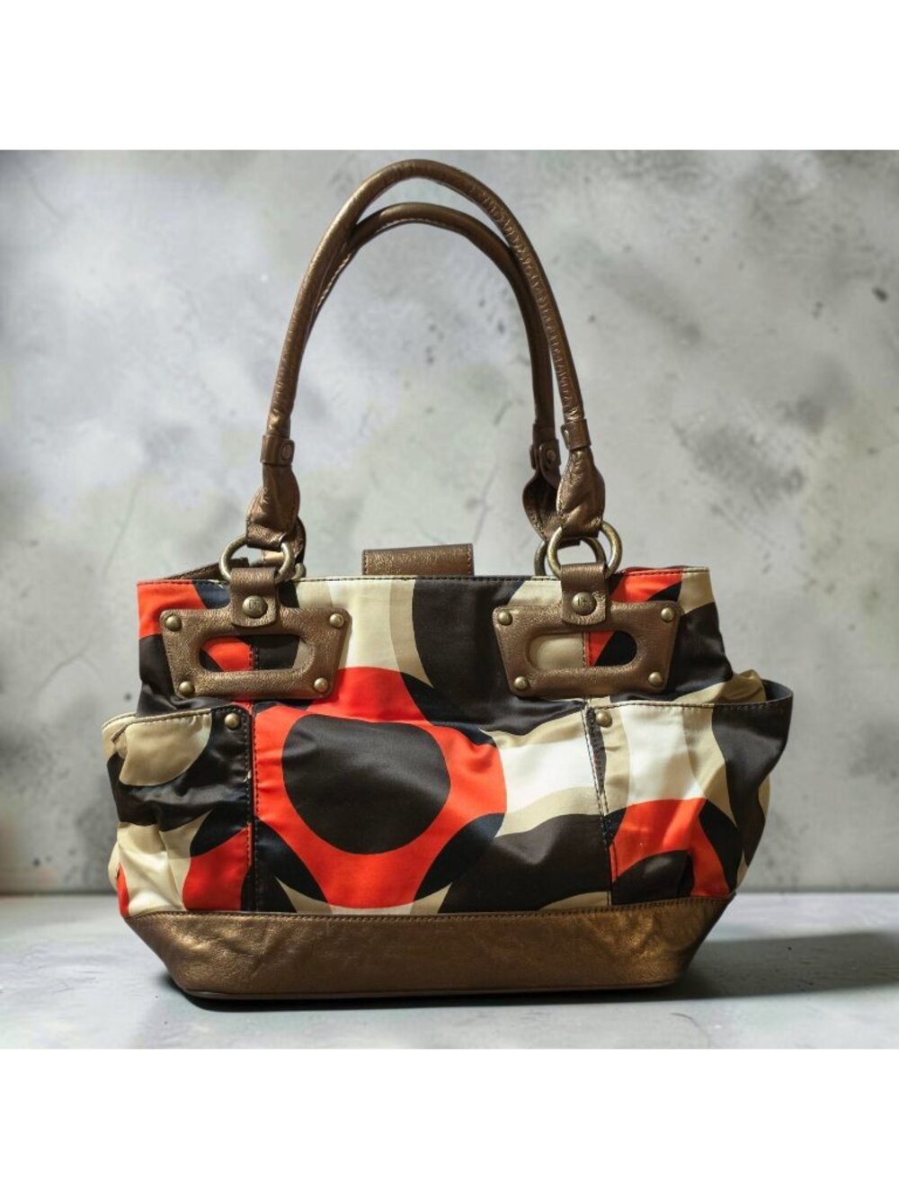 Donald J Pliner Geometric Satin & Metallic Bronze Leather Satchel Shoulder Bag